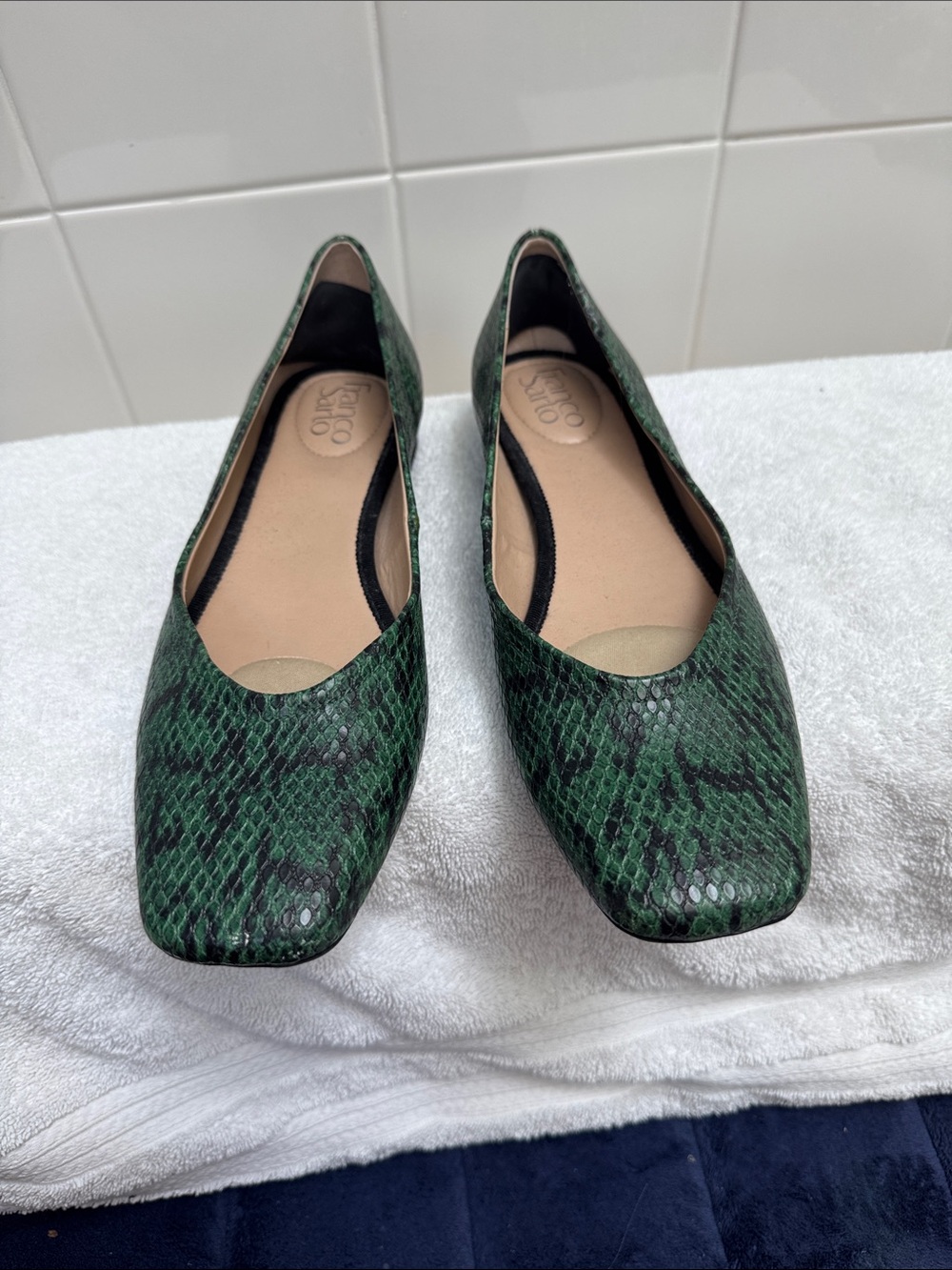 Green Snake-Print Square-Toe Flats by Franco Sarto